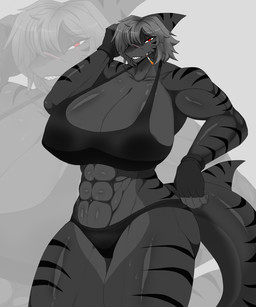 abs anthro areola areola_slip big_areola big_breasts black_body bodily_fluids bra breasts chin_piercing cigarette cigarette_in_mouth clothing female gloves grey_hair hair handwear looking_at_viewer muscular muscular_anthro muscular_female navel navel_piercing nipple_outline nipples non-mammal_breasts non-mammal_navel non-mammal_nipples object_in_mouth piercing red_eyes scar shark_teeth short_hair simple_background solo sports_bra sports_panties stripes sweat tail thick_thighs underwear wide_hips 9live dozer_(9live) aquatic fish shark 5:6 hi_res