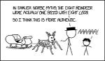 2016 8_legs ambiguous_gender antlers arachnid arthropod black_and_white black_hat_(xkcd) black_nose cc-by-nc christmas clothing comic creative_commons deer dialogue english_text feral hair hat headgear headwear holidays horn humor hybrid low_res mammal monochrome multi_leg multi_limb new_world_deer randall_munroe reindeer simple_background sled spider standing stick_figure text white_background xkcd