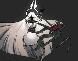 anthro arthropod_abdomen big_abdomen black_face black_hands cloak clothing duo eyeless female grey_background hair interrobang long_hair red_cloak red_clothing segmented_arms simple_background size_difference spoiler tentacle_around_arm tentacle_around_neck tentacle_around_waist tentacles white_body white_hair kaiartis hollow_knight:_silksong hollow_knight_(franchise) team_cherry grand_mother_silk greyroot hornet_(hollow_knight) arthropod 2025