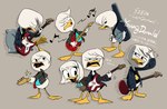 4_fingers anthro bass_guitar beak biped bottomless clothed clothing duo feathers female fingers grey_background guitar guitar_case hair male musical_instrument musical_note musical_symbol plucked_string_instrument simple_background string_instrument symbol text white_body white_feathers yellow_beak young hodai disney ducktales ducktales_(2017) della_duck donald_duck anatid anseriform avian bird duck 2019 full-length_portrait hi_res japanese_text portrait brother_(lore) brother_and_sister_(lore) sibling_(lore) sister_(lore)