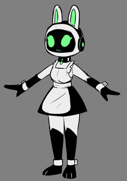 3_toes :3 anthro apron breasts cat_smile clothing collar cuffs_(clothing) curvy_figure dress electronics feet female gloves_(marking) glowing glowing_eyes green_eyes happy headphones hourglass_figure leg_markings machine maid_uniform markings pose screen screen_face socks_(marking) solo toes uniform e254e lagomorph leporid mammal rabbit robot black_and_white monochrome