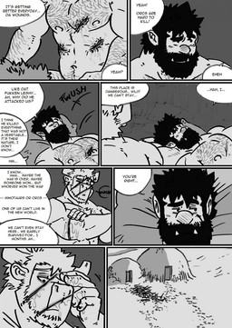 anthro bed clothed clothing dialogue duo facial_scar furniture hairy male manly muscular muscular_male nipples nude on_bed scar simple_background snow text wounded husky92 european_mythology greek_mythology mythology bovid bovine humanoid mammal minotaur orc comic english_text hi_res monochrome multiple_scenes