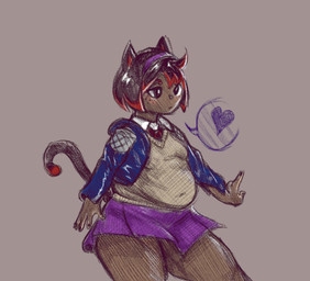 accessory anthro belly biped black_hair blue_clothing blue_jacket blue_topwear bottomwear breasts cardigan clothed clothing dark_body dark_skin female freckled_face freckles hair hair_accessory hairband heart_symbol highlights_(coloring) jacket navel_outline overweight overweight_anthro overweight_female pleated_skirt purple_bottomwear purple_clothing purple_skirt red_highlights simple_background skirt slightly_chubby slightly_chubby_female slightly_chubby_humanoid small_breasts solo speech_bubble standing tail tan_background thick_thighs three-quarter_view topwear kirbchub elly_(kirbchub) animal_humanoid felid felid_humanoid feline feline_humanoid humanoid mammal mammal_humanoid 2025 colored_sketch digital_media_(artwork) portrait sketch three-quarter_portrait