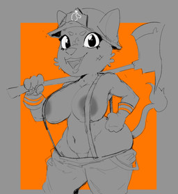 anthro areola areola_slip armor belly big_breasts breasts clothing female fire_axe firefighter firefighter_helmet gloves hand_on_hip handwear headgear helmet looking_at_viewer sharp_teeth smile solo suspenders_on_nipples teeth wide_hips estebon89 evita_fuegos felid lion mammal pantherine 2025 hi_res monochrome