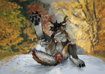 anatomically_correct anatomically_correct_genitalia anatomically_correct_penis animal_genitalia animal_penis anthro blurred_background bodily_fluids canine_genitalia canine_penis claws falling_leaves genital_fluids genitals licking looking_at_viewer male paws penis precum raised_leg road self_lick sitting solo street tail tongue el_kyze jari_(jarithedeer) hybrid hi_res