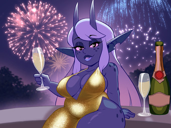 alcohol barely_visible_areola beverage biped blue_body bottle breasts champagne clothed clothing container detailed_background eyelashes female fingers freckled_face freckled_hips freckled_shoulders freckles glistening_eyelids holding_beverage holding_object holidays horn humanoid_pointy_ears long_eyelashes looking_at_viewer nipple_outline outside pointy_ears pupils smile solo thick_thighs yellow_clothing blen_bodega new_year fi_(blen_bodega) horned_humanoid humanoid 4:3 absurd_res hi_res