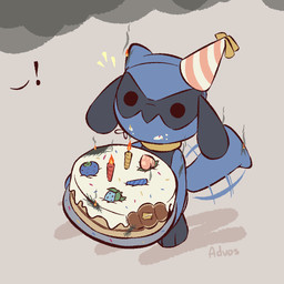 3_toes ambiguous_gender anthro biped black_eyes blue_body blue_fur blue_tail cake candle clothed clothed_ambiguous clothed_anthro clothing dessert exclamation_point feet fire food front_view fur hat hat_only headgear headgear_only headwear headwear_only holding_object looking_at_viewer mostly_nude mostly_nude_ambiguous mostly_nude_anthro offscreen_character party_hat smoke solo standing tail tail_motion tailwag toes advos nintendo pokemon generation_4_pokemon pokemon_(species) riolu 1:1 2025 digital_drawing_(artwork) digital_media_(artwork)