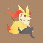 1:1 accessory anthro biped black_body black_fur blush blushpumpkin braixen brown_background female flower flower_in_hair full-length_portrait fur generation_6_pokemon hair hair_accessory hi_res nintendo plant pokemon pokemon_(species) portrait raised_arm red_body red_eyes red_fur red_nose signature simple_background sitting smile solo stick text white_body white_fur yellow_body yellow_fur