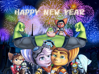 anthro blue_body blue_eyes blue_fur clothing cybernetic_arm cybernetic_limb ear_piercing ear_ring eyebrows eyelashes eyewear eyewear_on_head female fireworks fur gloves goggles goggles_on_head green_eyes group handwear headgear headwear holidays machine male piercing ring_piercing scarf smile striped_body striped_fur stripes yellow_body yellow_fur viwhi_art new_year ratchet_and_clank sony_corporation sony_interactive_entertainment captain_qwark clank_(ratchet_and_clank) kit_(ratchet_and_clank) mopz_(ratchet_and_clank) ratchet_(ratchet_and_clank) rivet_(ratchet_and_clank) sprocket_(ratchet_and_clank) widget_(ratchet_and_clank) humanoid lombax mammal robot 2026 4:3 hi_res