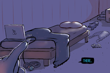 anthro ashtray bed bra cigarette clothing computer electronics female furniture gesture hand_gesture headphones laptop mattress offscreen_character pointing speech_bubble text underwear frist44 night_in_the_woods bea_santello crocodilian reptile scalie 2025 3:2 english_text