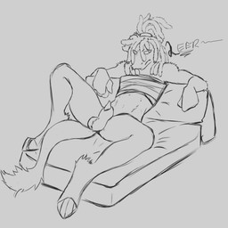 accessory animal_genitalia anthro balls bed bored chest_wraps claws dreadlocks feet frown fur furniture genitals glare glaring_at_another hair hair_accessory hair_tie lying lying_on_bed male mattress mostly_nude on_back on_bed penis penis_tip reclining sheath simple_background solo sound_effects spread_legs spreading tail tail_tuft tied_hair tuft wraps templar_ponyboy yuk_talwarii chupadore 1:1 2025 hi_res monochrome