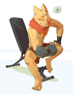 abs anthro biped bodily_fluids clothed clothing dumbbell exercise exercise_equipment fluffy fully_clothed male muscular muscular_anthro muscular_male neck_tuft solo sweat tuft weightlifting weights workout jmbad_art league_of_legends riot_games tencent fan_character teemo_the_yiffer mammal yordle hi_res