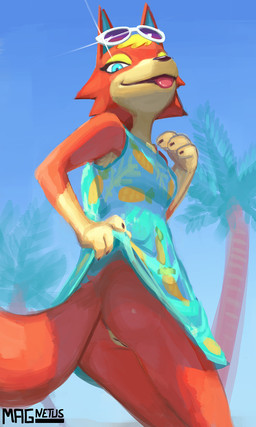 anthro blep blonde_hair blue_eyes butt clothed clothing dress eyeshadow eyewear eyewear_on_head female female_anthro fur genitals hair looking_at_viewer looking_down looking_down_at_viewer low-angle_view makeup orange_body orange_fur solo summer_dress sunglasses sunglasses_on_head tan_body tan_fur tongue tongue_out upskirt vulva yellow_eyeshadow magnetus animal_crossing nintendo audie_(animal_crossing) canid canine canis mammal wolf hi_res