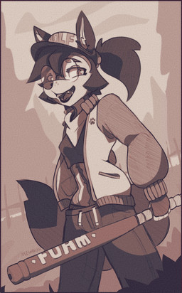 anthro baseball_cap bottomwear breasts clothing dutch_angle eyewear female glasses hair hat headgear headwear holding_baseball_bat jacket open_mouth pants ponytail round_glasses smile solo tail topwear mewmus rose_(mewmus) canid canine canis mammal wolf 2025 digital_media_(artwork) hi_res monochrome trans_(lore) trans_woman_(lore)