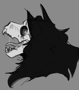 ambiguous_gender anthro bodily_fluids bone glowing glowing_eyes looking_at_viewer open_mouth saliva saliva_string side_view simple_background skull skull_head solo tongue tongue_out jezzlen caligo_(jezzlen) canid canine mammal low_res monochrome sketch