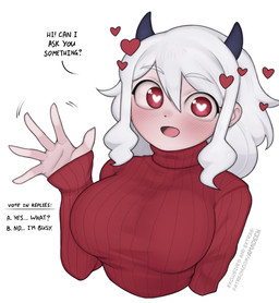 2_horns big_breasts biped black_horn breasts clothing eyebrow_through_hair eyebrows female gesture grey_hair hair heart_eyes heart_pupils heart_symbol horn red_clothing red_eyes red_sweater red_topwear red_turtleneck solo sweater text topwear translucent translucent_hair turtleneck waving waving_at_viewer waving_hand white_hair white_sclera amadeen conditional_dnp helltaker modeus_(helltaker) demon demon_humanoid humanoid bust_portrait english_text portrait url