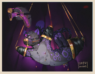 anthro ball_tugging barbell_piercing bdsm bitchsuit bodily_fluids bondage bondage_gear bound chastity_cage chastity_device cock_and_ball_torture cock_gag dildo flat_chastity_cage gag gag_mask gagged genital_torture internal internal_oral latex male melanistic nasal_tube nipple_barbell nipple_fetish nipple_piercing nipple_play nipples object_in_urethra oral penetration piercing sex_toy solo sounding_rod suspension suspension_bondage tears urethral urethral_penetration sojusocks felid jaguar mammal pantherine hi_res