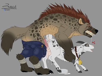 abs aggressive_sex anatomically_correct anatomically_correct_genitalia anatomically_correct_vulva anatomically_inaccurate anatomically_inaccurate_penis animal_genitalia animal_penis animal_vulva anthro anthro_on_feral anus bandage bared_teeth bell bestiality bodily_fluids bottle brown_body brown_fur brown_markings butt canine_genitalia canine_penis caprine_genitalia caprine_teats caprine_udders caprine_vulva claws clothing cloven_hooves container cowbell cowbell_collar doggystyle duo eye_scar facial_scar fangs female feral feral_penetrated from_behind_position fur genitals grey_body grey_fur grey_markings growling hair hand_on_arm heart_symbol hooves horn interspecies interspecies_bestiality knot looking_pleasured male male/female markings milk mismatched_animal_penis mismatched_genitalia mismatched_penis muscular muscular_anthro muscular_male overalls overalls_down pawpads penetration penis pink_anus pink_penis pink_teats pink_udders pink_vulva raised_tail red_hair saliva scar scars_all_over scut_tail sex short_tail snarling spots spotted_body spotted_fur standing standing_doggystyle standing_sex tail tail_anus tan_body tan_fur tan_markings teats teeth udders underhoof vaginal vaginal_penetration vulva white_body white_fur conditional_dnp zer0rebel4 discord_(app) telegram bovid caprine gnoll goat hyena mammal spotted_hyena absurd_res flat_colors hi_res