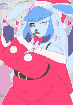 accessory anthro anthrofied bangs belly belt big_breasts blowup_background blue_body blue_eyes blue_hair blue_sclera bow_ribbon bow_tie bra_strap breasts christmas_clothing christmas_headwear cleavage clothed clothing costume curvy_figure cute_fangs fangs female gloves_(marking) hair hair_accessory hair_bow hair_ribbon hat headgear headwear holidays holly_(plant) holly_in_mouth looking_at_viewer markings mouth_hold navel_outline one_eye_closed overweight overweight_anthro overweight_female paw_pose plant pokemorph pose ribbons santa_costume santa_dress santa_hat side_bangs simple_background slightly_chubby slightly_chubby_anthro slightly_chubby_female smile smiling_at_viewer solo teeth three-quarter_view wide_hips wink winking_at_viewer kaarin_owo christmas nintendo pokemon eeveelution generation_4_pokemon glaceon pokemon_(species) 2025 absurd_res digital_drawing_(artwork) digital_media_(artwork) hi_res portrait three-quarter_portrait