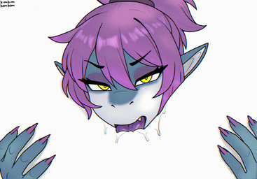 angry angry_sex anthro bodily_fluids claws clitoris cunnilingus duo eyebrows female female/female first_person_view genital_fluids genitals grey_body hair looking_at_viewer nails negative_space open_mouth oral pointy_ears ponytail purple_hair purple_tongue saliva sex sharp_nails sharp_teeth simple_background spread_legs spreading striped_ears teeth tongue tongue_out vaginal vaginal_fluids vulva white_background yellow_eyes bimbimbambam negative_space_oral_(meme) sukeru_(bimbimbambam) aquatic fish shark hi_res meme