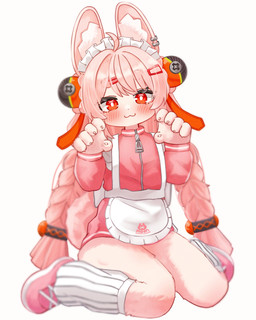 anthro apron blush braided_pigtails clothed clothed_anthro clothing female flat_chested footwear fully_clothed fully_clothed_anthro fur hair inner_ear_fluff kneeling maid_headdress pink_body pink_clothing pink_fur pink_hair red_eyes shoes socks solo topwear tuft uniform white_apron white_clothing myappi_artenya mihoyo zenless_zone_zero zhao_(zenless_zone_zero) lagomorph leporid mammal rabbit thiren absurd_res hi_res