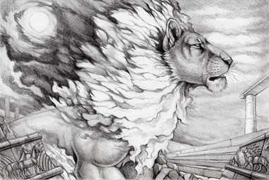 ancient anthro fire male solo sun hibbary felid lion mammal pantherine monochrome