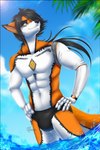 2023 2:3 5_fingers abs anthro ariveil athletic athletic_anthro athletic_male black_hair black_nose bulge canid canine canis clothed clothing cybernetics cyborg fingers fox fur hair hi_res hybrid kamikaze_otium machine male mammal multicolored_body multicolored_fur navel orange_body orange_fur partially_submerged signature smile solo speedo standing standing_in_water swimwear topless topless_anthro topless_male two_tone_body two_tone_fur water white_body white_fur wolf