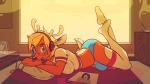 anthro antlers blonde_hair blue_eyes blush breasts bulge butt clock clothed clothing crossed_arms detailed_background electronics eyewear fur glasses gynomorph hair headphones horn intersex legwear looking_at_viewer lying music on_front open_mouth orange_body orange_fur shirt snout solo thigh_highs topwear turntable_(record_player) underwear watch white_body white_fur wristwatch deer_meadow bjork debut_(bjork) bjork_gudmundsdottir clover_(deer_meadow) deer mammal 2019 digital_media_(artwork) signature trans_(lore) trans_woman_(lore)