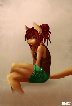anthro biped bottomwear cereal clothing crossed_legs dreadlocks female food green_eyes hair hair_bun red_hair shirt shorts sitting solo tail tank_top topwear lazydez digital_media_(artwork) hi_res