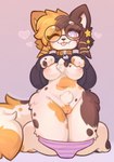 anthro areola belly blush bottomless bottomless_anthro bottomless_female breasts chest_tuft clothed clothing collar curvy_figure eyewear female fluffy fluffy_tail genitals glasses kneeling leg_tuft looking_at_viewer navel nipples one_eye_closed panties panties_down partially_clothed presenting presenting_breasts pussy solo star tail thick_thighs thigh_tuft tongue tongue_out tuft underwear underwear_down voluptuous skellybeanz calico_cat domestic_cat felid feline felis mammal 2025 absurd_res hi_res