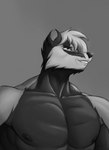 anthro black_hair gradient_background hair looking_away male multicolored_hair muscular muscular_male simple_background smile solo white_hair za-owl gigachad zaul_(za-owl) badger mammal mustelid musteline 2023 absurd_res hi_res meme monochrome