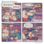 1:1 anthro base_two_layout blush bovid candy caprine chocolate clothed clothing comic crocodilian dessert dialogue doginacafe duncan_(doginacafe) duo eddie_(doginacafe) english_text eyewear food footwear four_frame_grid four_frame_image glasses goat grid_layout holidays horn humanoid_hands male male/male mammal regular_grid_layout reptile romantic romantic_couple scalie shoes shopping sweater text tongue tongue_out topwear two_row_layout valentine's_day