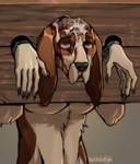 anthro blood bodily_fluids bound brain brown_body brown_fur chain chained clothing corpse cum cumshot damage death ejaculation eye_roll eyes_rolled floppy_ears fur genital_fluids gore gore_focus green_eyes half-closed_eyes immobile immobilization legwear long_ears male male_anthro narrowed_eyes nipples nude nude_anthro nude_male organs restraints snuff solo standing stockings stocks kolkolukija basset_hound canid canine canis domestic_dog hunting_dog mammal scent_hound eyes absurd_res hi_res