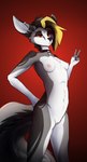 anthro breasts collar eyeshadow female fur genitals gesture hair hand_gesture looking_at_viewer makeup narrowed_eyes nipples nude pussy red_eyes simple_background solo tail v_sign observerdoz tlen_borowski_(oc) canid canine fennec_fox fox mammal true_fox 2023 digital_drawing_(artwork) digital_media_(artwork) hi_res