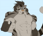 abs anthro biceps big_muscles black_hair blue_eyes clothed clothing fur hair looking_at_viewer male muscular muscular_anthro muscular_male pecs pink_nose solo stripes tail topless dazen_cobalt dazen_(character) felid mammal pantherine tiger 6:5