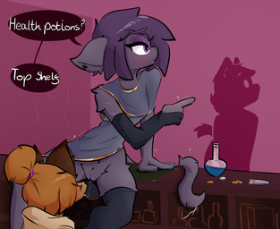 anthro blush bodily_fluids casual_sex clothed clothing coin cunnilingus desk dialogue duo exhibitionism faceless_character female female/female furniture genitals gesture hand_gesture looking_away no_underwear on_desk oral pointing potion saliva saliva_string sex sitting spread_legs spreading table text under_table vaginal vulva notsafeforweh cai_(notsafeforweh) canid canine domestic_cat felid feline felis fox mammal english_text hi_res