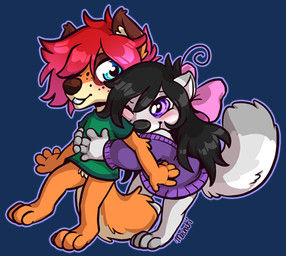 anthro black_hair blush bottomless bow_(feature) clothed clothing duo female freckles fur grey_body grey_fur hair hug long_hair male open_mouth orange_body orange_fur purple_clothing purple_eyes purple_sweater purple_topwear red_hair shirt simple_background smile standing sweater teeth topwear transparent_background white_body white_fur machati-sama aggie shino_(wolf) arctic_fox canid canine canis fox mammal red_wolf true_fox wolf 2015 alpha_channel digital_media_(artwork)