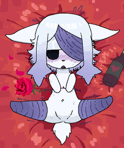 black_eyes blue_hair blue_nose blush blush_lines bodily_fluids clothing female feral flower fur gradient_hair hair narrowed_eyes open_mouth plant rose_(flower) scut_tail short_tail solo spread_legs spreading sweat sweatdrop tail white_body white_clothing white_ears white_fur wine_bottle commonbleat unknown_species