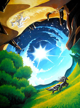 ambiguous_gender cloud contrast day desert detailed_background feral field fisheye_lens forest group mountain night outside plant quadruped sand sky star starry_sky sun tree young young_feral fennecsilvestre equid equine horse mammal painting_(artwork) traditional_media_(artwork)