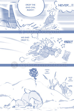 3_toes anthro barefoot chasing clothing dialogue feet female fur gas_canister gesture group high_five hindpaw humor male paws running snow snowplow speech_bubble sweater tackle text toes tongue tongue_out topwear trio vehicle doraemonbasil disney zootopia judy_hopps nick_wilde pawbert_lynxley canada_lynx canid canine european_rabbit felid feline fox lagomorph leporid lynx mammal oryctolagus rabbit red_fox true_fox 2:3 comic english_text hi_res