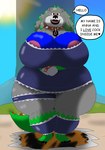 alligator alligatorid alythewolfcat anna_the_love_pet anthro bear big_breasts big_butt biped bodily_fluids breasts butt clothing collar crocodilian english_text female female_anthro fur green_highlights grey_body grey_fur hi_res highlights_(coloring) huge_breasts hybrid large_female macro maid_uniform mammal plantigrade reptile scalie solo text thick_thighs uniform wide_hips