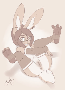 anthro anus breasts butt clothing eyewear feet female footwear genitals glasses humanoid_feet legwear mostly_nude plantigrade presenting rectangular_glasses simple_background small_breasts smile socks soles solo spread_legs spreading stirrup_socks vulva bonk maddy_(bonk) lagomorph leporid mammal rabbit absurd_res digital_media_(artwork) hi_res