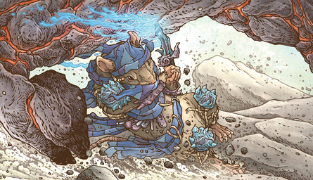 ambiguous_gender anthro blood blue_blood blue_cloak blue_clothing bodily_fluids brown_body brown_fur cloak clothing colored_blood dagger duo fur holding_dagger holding_melee_weapon holding_object holding_weapon hooves melee_weapon rock rope sliding tail unusual_blood unusual_bodily_fluids violence weapon david_petersen hasbro magic:_the_gathering wizards_of_the_coast mammal mouse murid murine rodent 2024 official_art