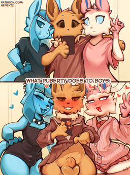 anthro biped blush bottomwear clothed clothing clothing_lift femboy front_view genitals group heart_symbol male no_underwear penis pupils skirt skirt_lift smile text thick_thighs trio wide_hips nepentz nintendo pokemon eevee eeveelution generation_1_pokemon generation_4_pokemon generation_6_pokemon glaceon pokemon_(species) sylveon hi_res