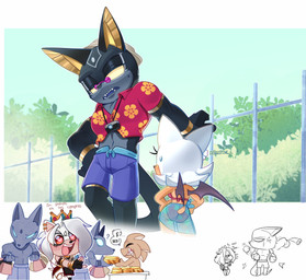 anthro back_wings bangle black_body bottomwear camera clothing crop_top crown eyewear female fence gold_bar group guard hat headgear headwear jewelry larger_male male membrane_(anatomy) membranous_wings outside pattern_clothing pattern_topwear plant sharp_teeth shirt shopping shorts shrub size_difference skirt sun_hat sunglasses swimwear tail teeth text topwear translucent translucent_clothing wings tusk_nx disney lilo_and_stitch sega sonic_the_hedgehog_(series) fan_character gantu rouge_the_bat smert_ahmed_(tusk_nx) bat canid canine canis jackal mammal absurd_res english_text hi_res spanish_text