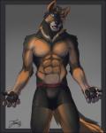 5_fingers abs anthro biceps bottomwear briefs brown_background brown_body brown_fur bulge clothed clothing compression_shorts confusion eyebrows fingerpads fingers fur green_eyes grey_body grey_fur male multicolored_body multicolored_fur muscular muscular_anthro muscular_male pawpads pecs pose scar shorts simple_background solo spandex spandex_shorts standing tan_body tan_fur tight_bottomwear tight_clothing tight_shorts tight_underwear topless underwear feralise under_armour magarnan canid canine canis domestic_dog german_shepherd herding_dog mammal pastoral_dog 2017