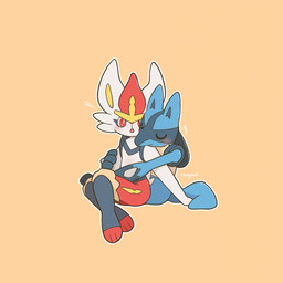 ambiguous_gender anthro blush blush_lines buckteeth duo emanata eyes_closed fur hug multicolored_body open_mouth paws red_eyes simple_background sitting tail teeth white_body white_fur yellow_body yellow_fur omynoh nintendo pokemon cinderace generation_4_pokemon generation_8_pokemon lagomorph lucario mammal pokemon_(species) 1:1 2025 hi_res signature