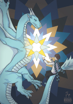 abstract_background anthro blue_body blue_eyes claws clothing duo fangs fantasy flying horn magic male membrane_(anatomy) membranous_wings raised_tail sad sitting_on_tail spikes spikes_(anatomy) star tail teeth wings ocelotka european_mythology mythology dragon human mammal mythological_creature mythological_scalie scalie western_dragon wyvern digital_media_(artwork) full-length_portrait portrait
