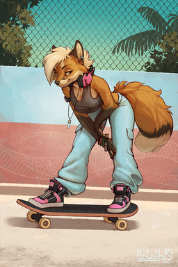 anthro biped bottomwear bracelet breasts claws clothed clothed_anthro clothed_female clothing dipstick_tail ear_piercing electronics female fingers footwear front_view fully_clothed fully_clothed_anthro fully_clothed_female fur hair headphones jewelry markings outside pants piercing shoes skateboard smile solo standing tail tail_markings topwear vehicle kalahari juno_lilikoi canid canine fox mammal 2025 2:3 digital_drawing_(artwork) digital_media_(artwork) hi_res