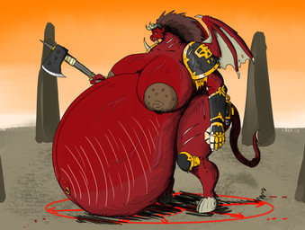 anthro armor axe belly big_belly clothed clothing cybernetics female hooves huge_belly hyper hyper_belly hyper_pregnancy machine nipples piercing pregnant scar solo stretch_marks tail topless wings vwpologt warhammer_(franchise) warhammer_40000 warhammer_fantasy bloodthirster chaos_daemon daemon_of_khorne demon hi_res